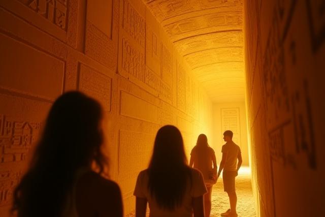 Students virtually exploring the interior of an Egyptian pyramid